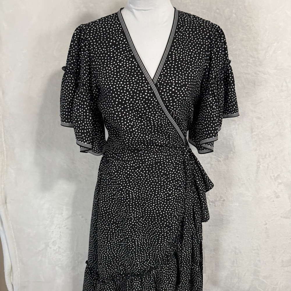Max Studio True Wrap Dress Size S Black & White Polka Dot Ruffle Sleeve V Neck - Picture 6 of 16